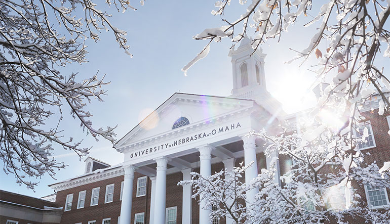 Winter shot of UNO campus building